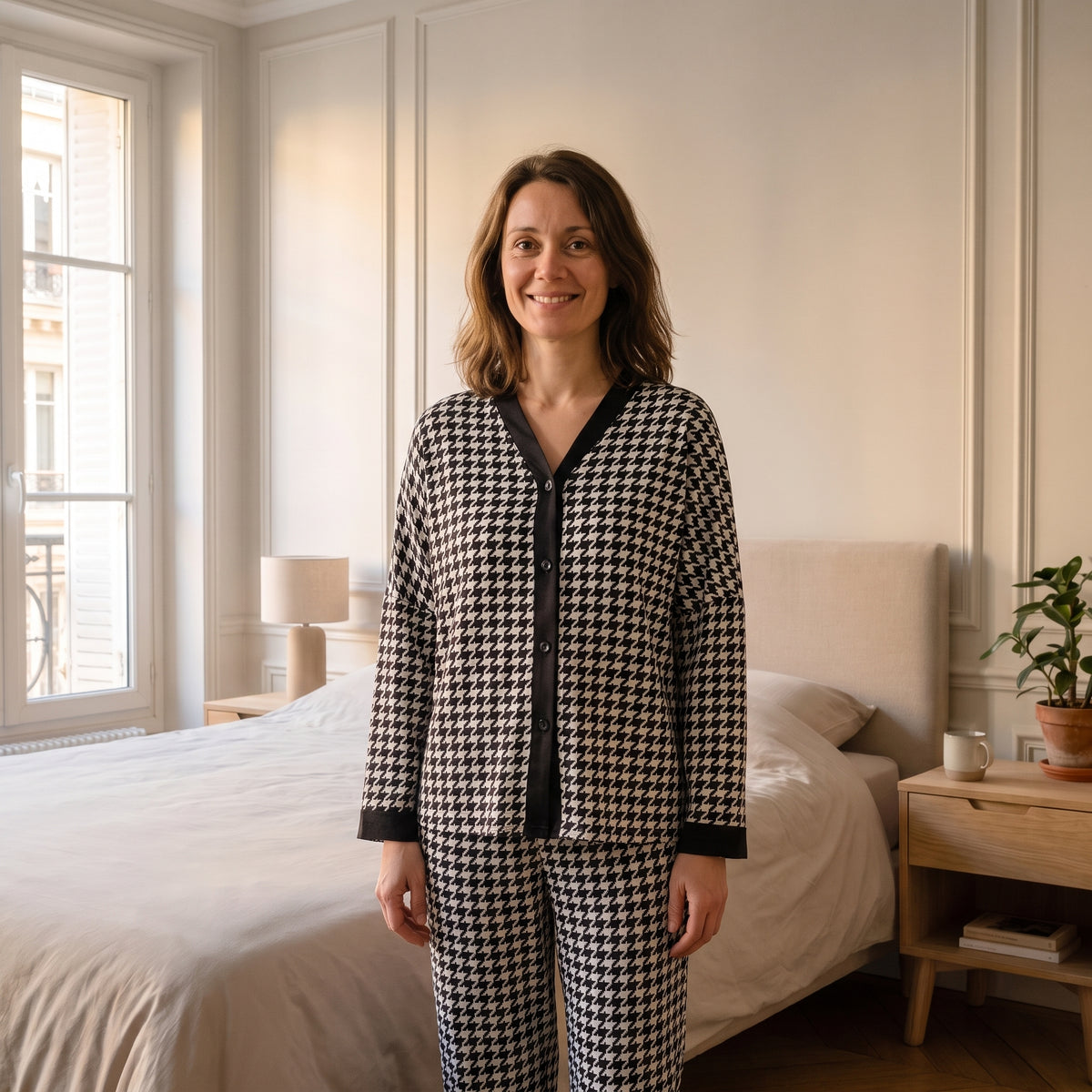Pyjama en satin pied-de-poule noir et blanc porté dans une chambre