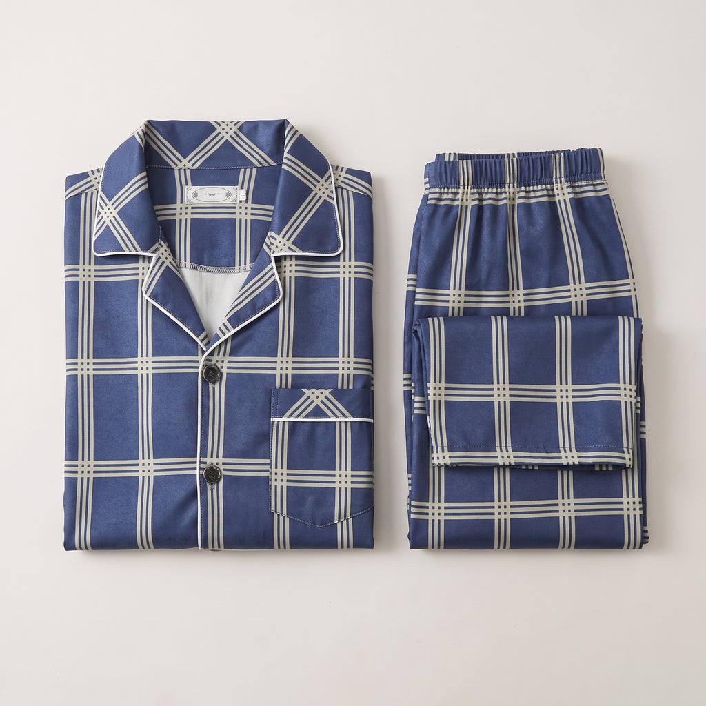 Pyjama à carreaux boutonné pour homme, motif bleu à grands carreaux