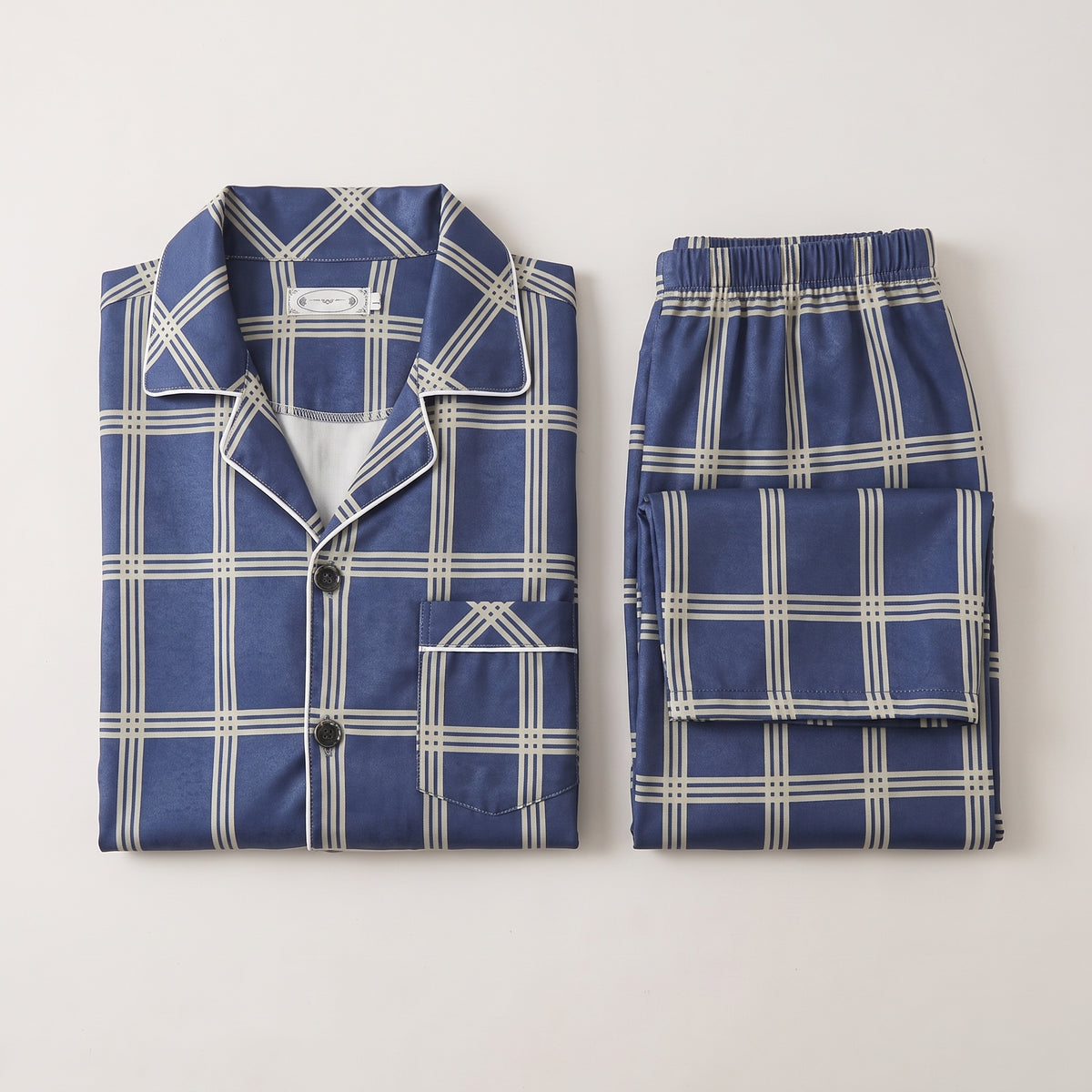 Pyjama à carreaux boutonné pour homme, motif bleu à grands carreaux