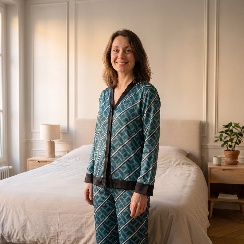 Pyjama en satin imprimé bleu canard porté dans une chambre, parement noir