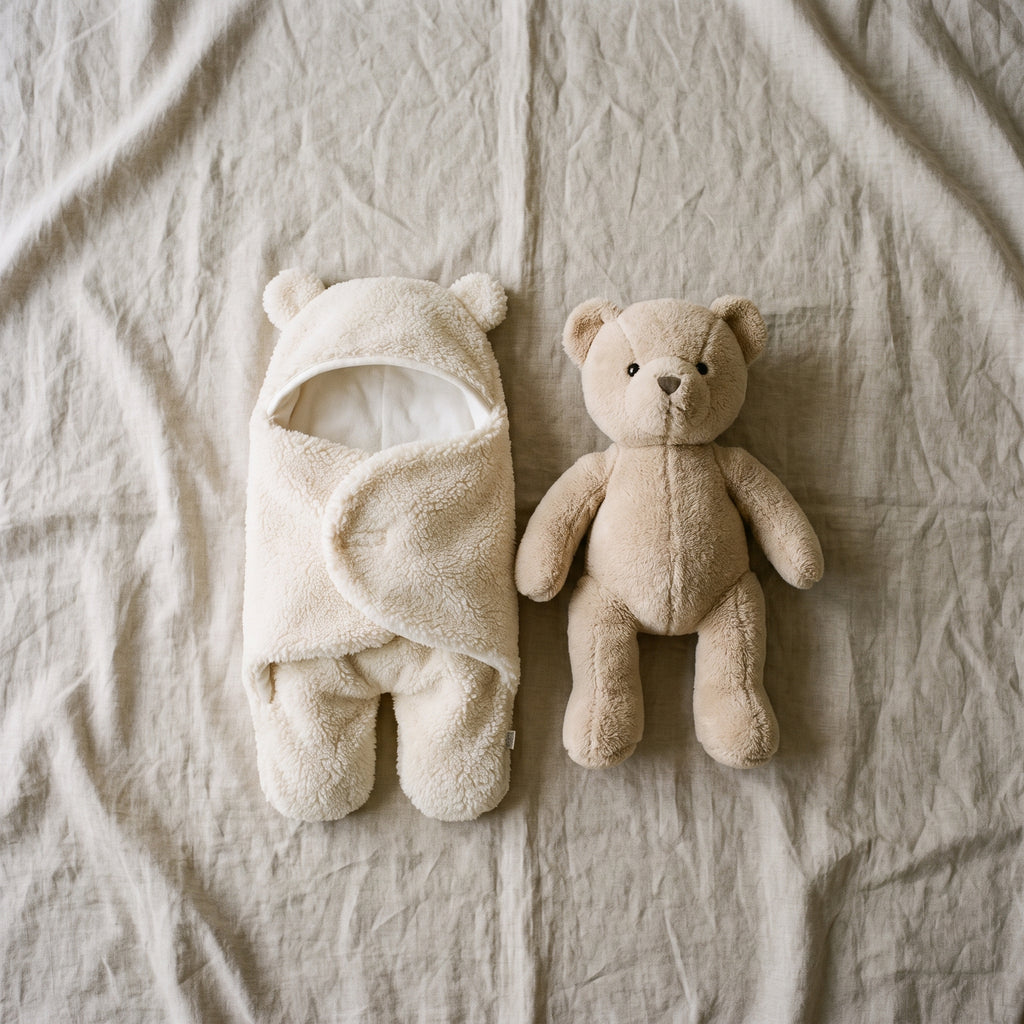 La gigoteuse beige fermee, posee a plat sur un drap uni a cote d un ourson en peluche, echelle bebe