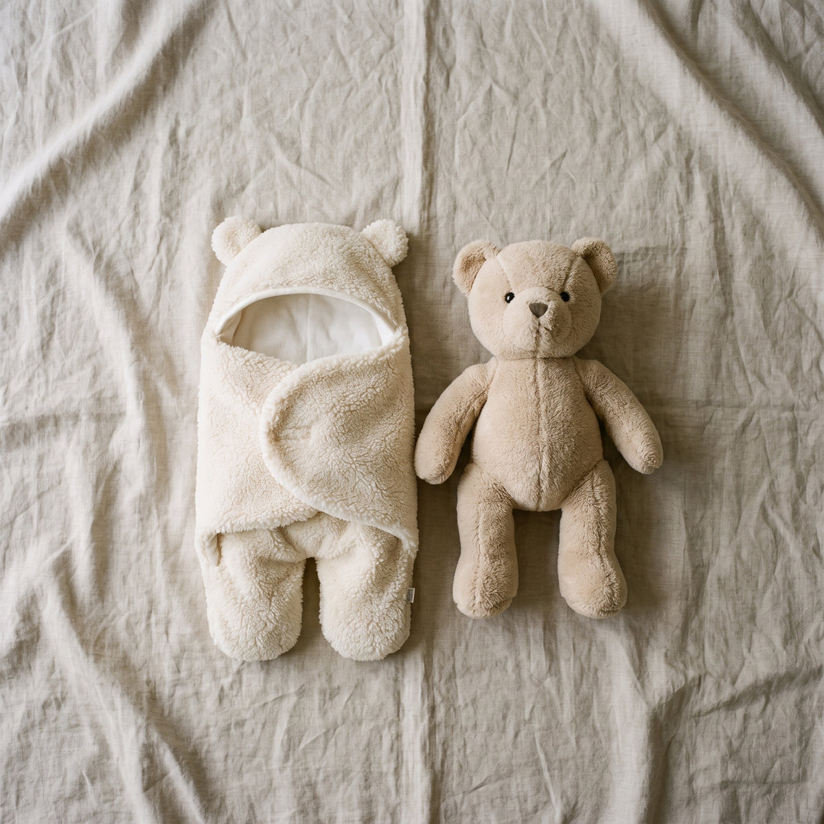 La gigoteuse beige fermee, posee a plat sur un drap uni a cote d un ourson en peluche, echelle bebe