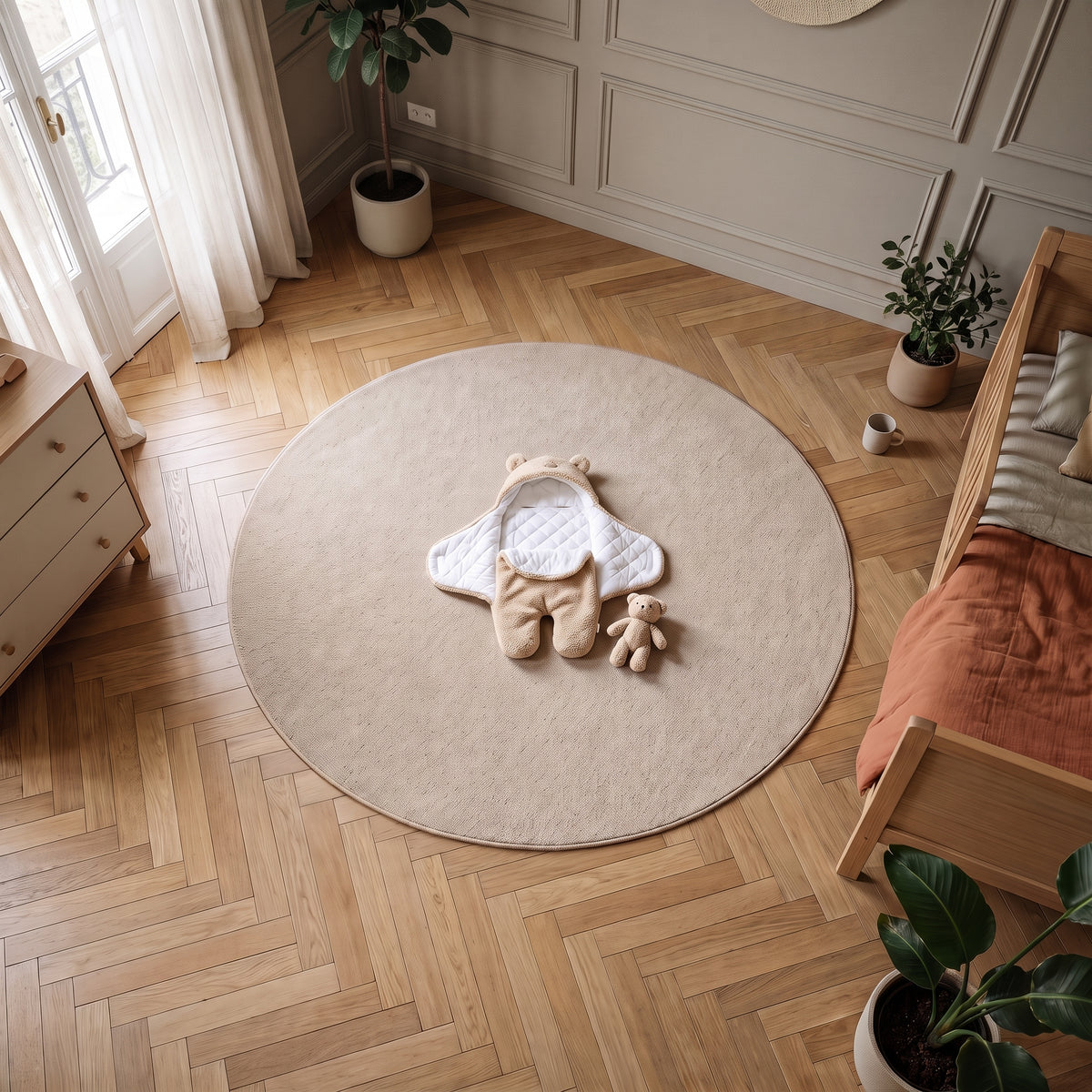 La gigoteuse beige ouverte et etalee a plat au centre d un grand tapis rond, un ourson en peluche pose a cote pour l echelle