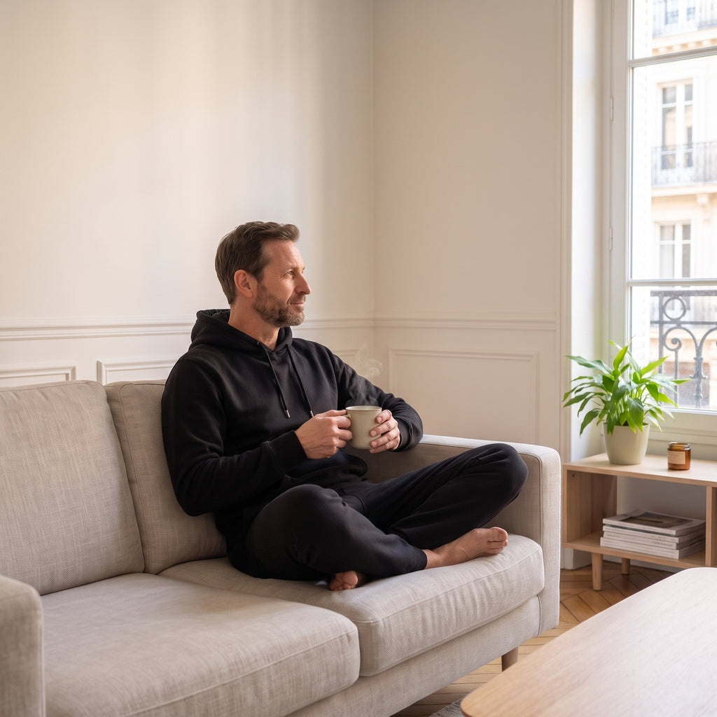 Homme en ensemble jogging noir, assis en tailleur sur le canapé avec un café, matinée sans rendez-vous