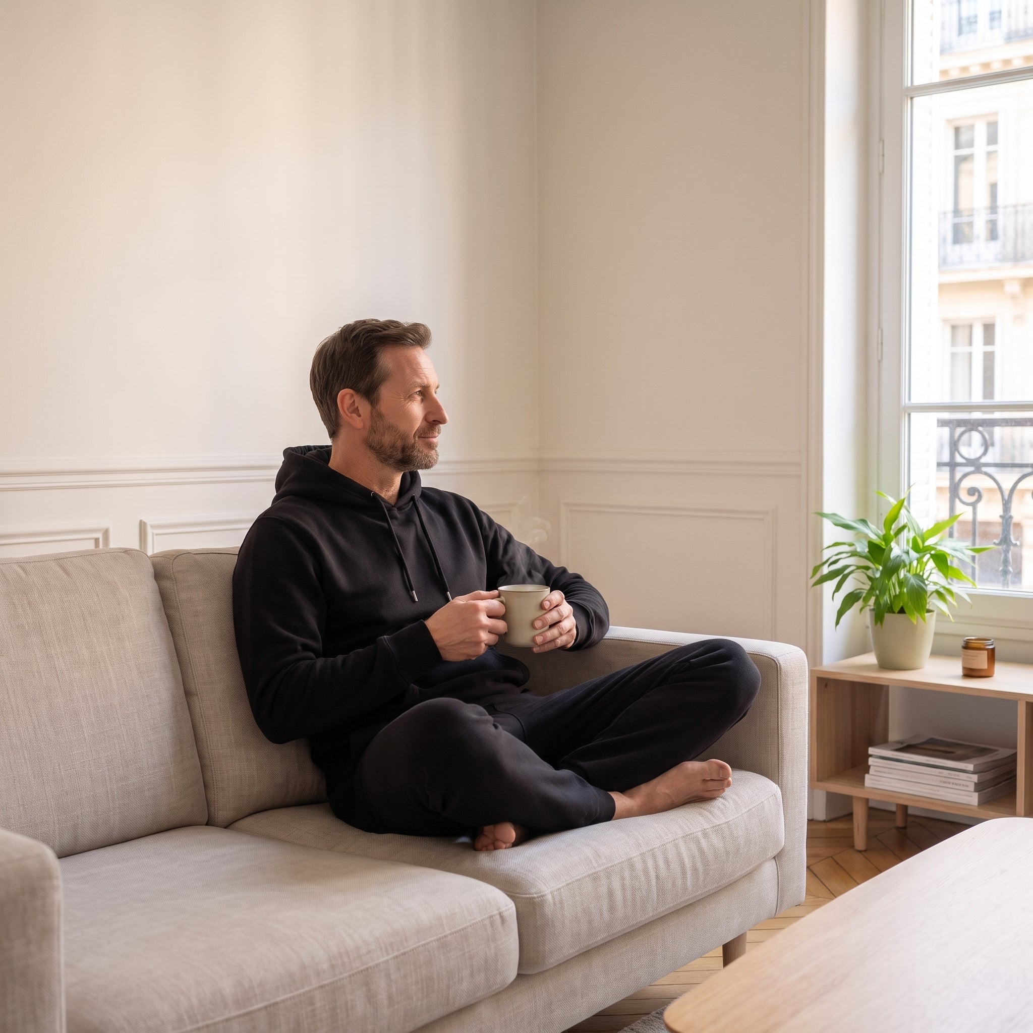 Homme en ensemble jogging noir, assis en tailleur sur le canapé avec un café, matinée sans rendez-vous Image
