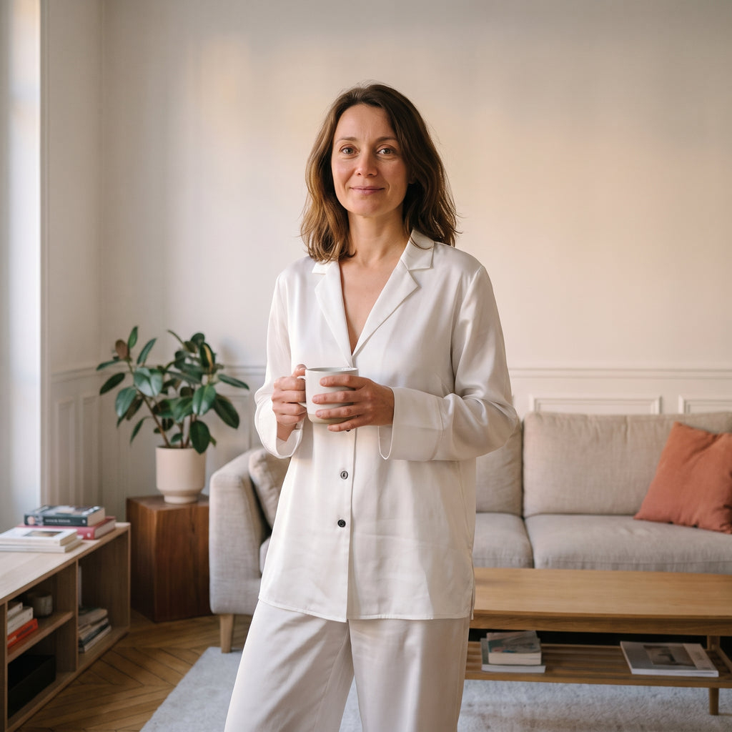 Pyjama femme en satin uni blanc, chemise et pantalon large