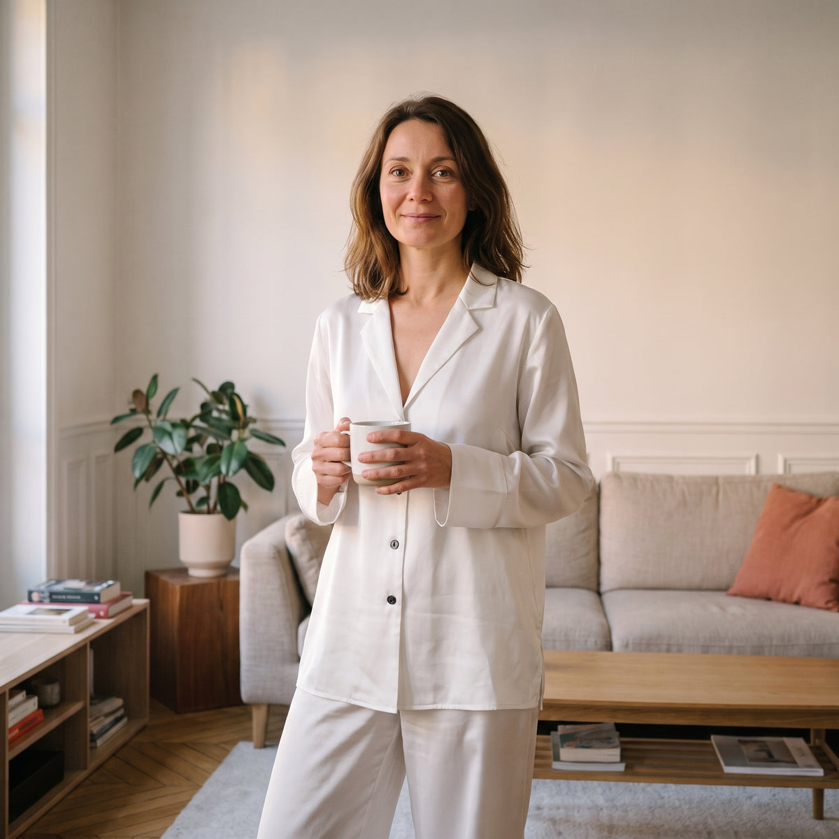 Pyjama femme en satin uni blanc, chemise et pantalon large