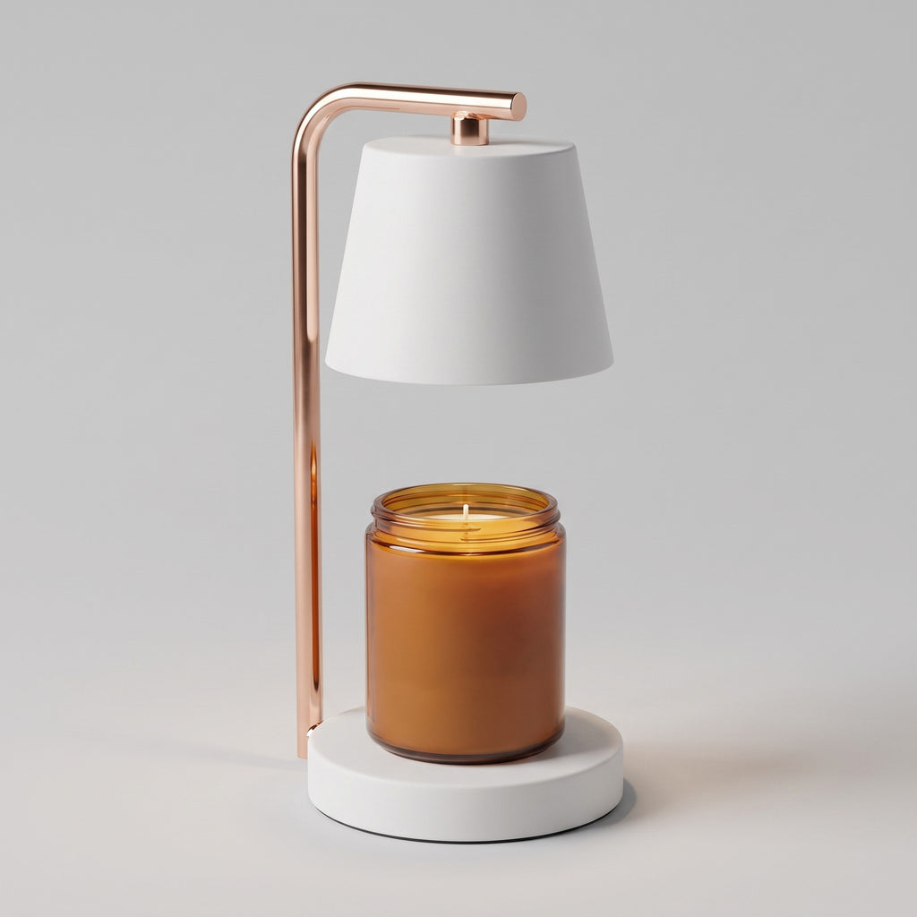 Lampe chauffe-bougie blanche vue de face sur fond clair, un pot de bougie en verre posé au centre de son socle
