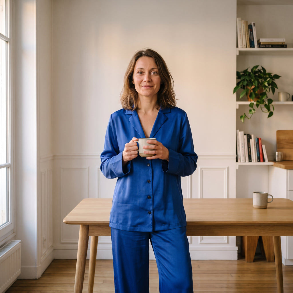 Pyjama femme en satin uni bleu, chemise et pantalon large