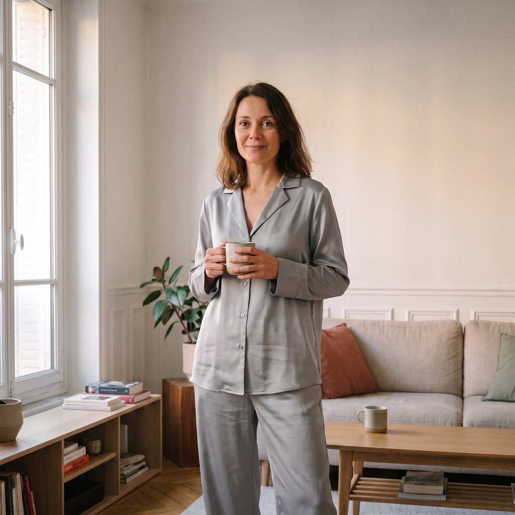 Pyjama femme en satin uni gris, chemise et pantalon large