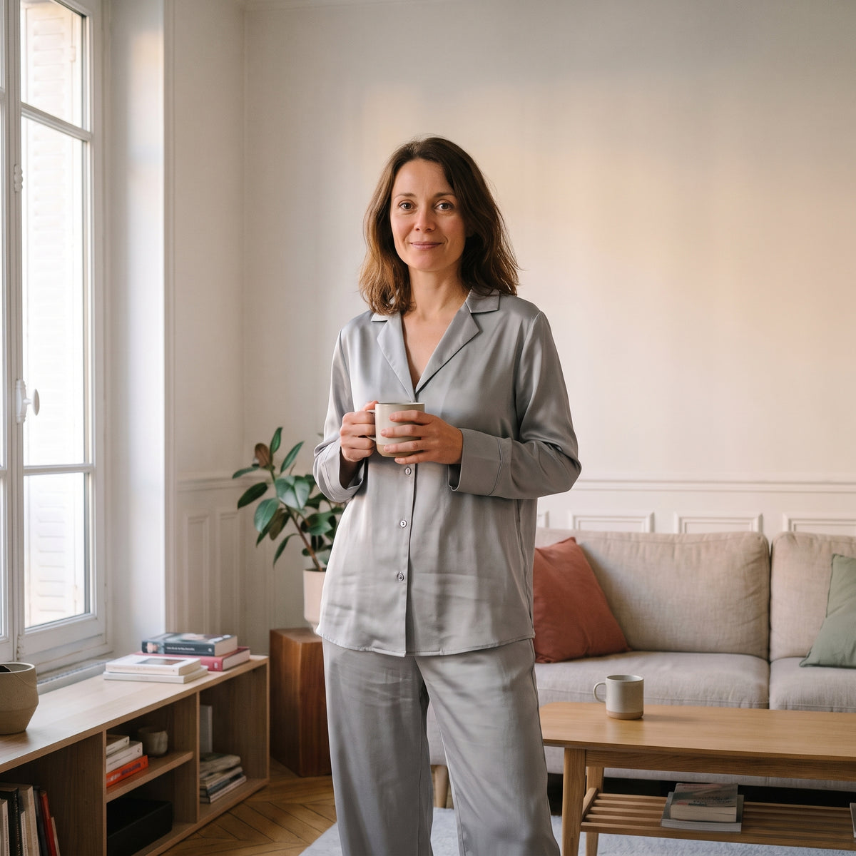 Pyjama femme en satin uni gris, chemise et pantalon large