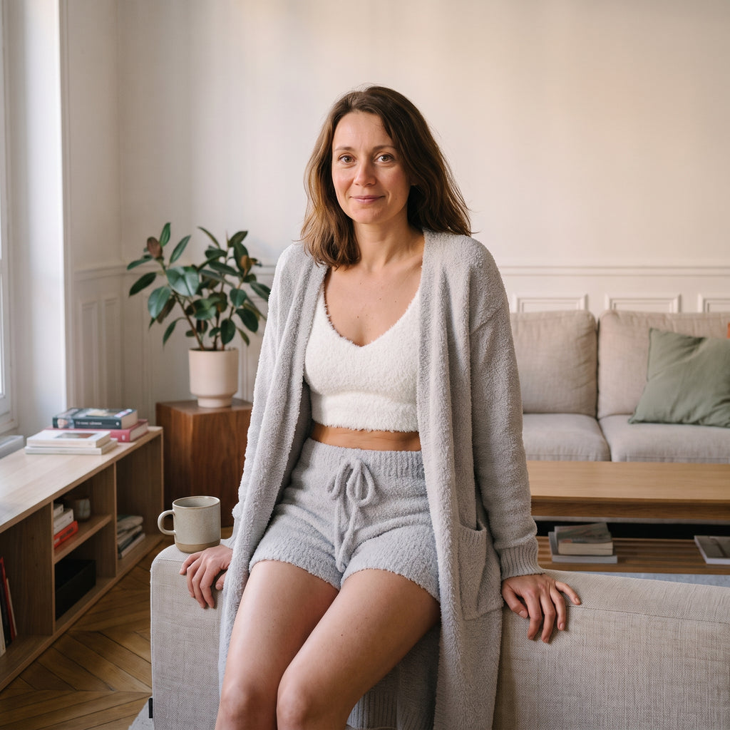 Ensemble pyjama trois pièces en maille peluche gris clair, porté dans un intérieur