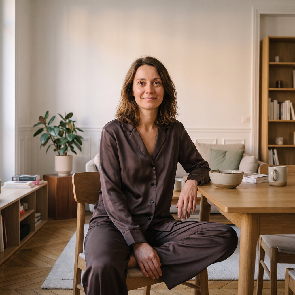 Pyjama femme en satin uni marron, chemise et pantalon large