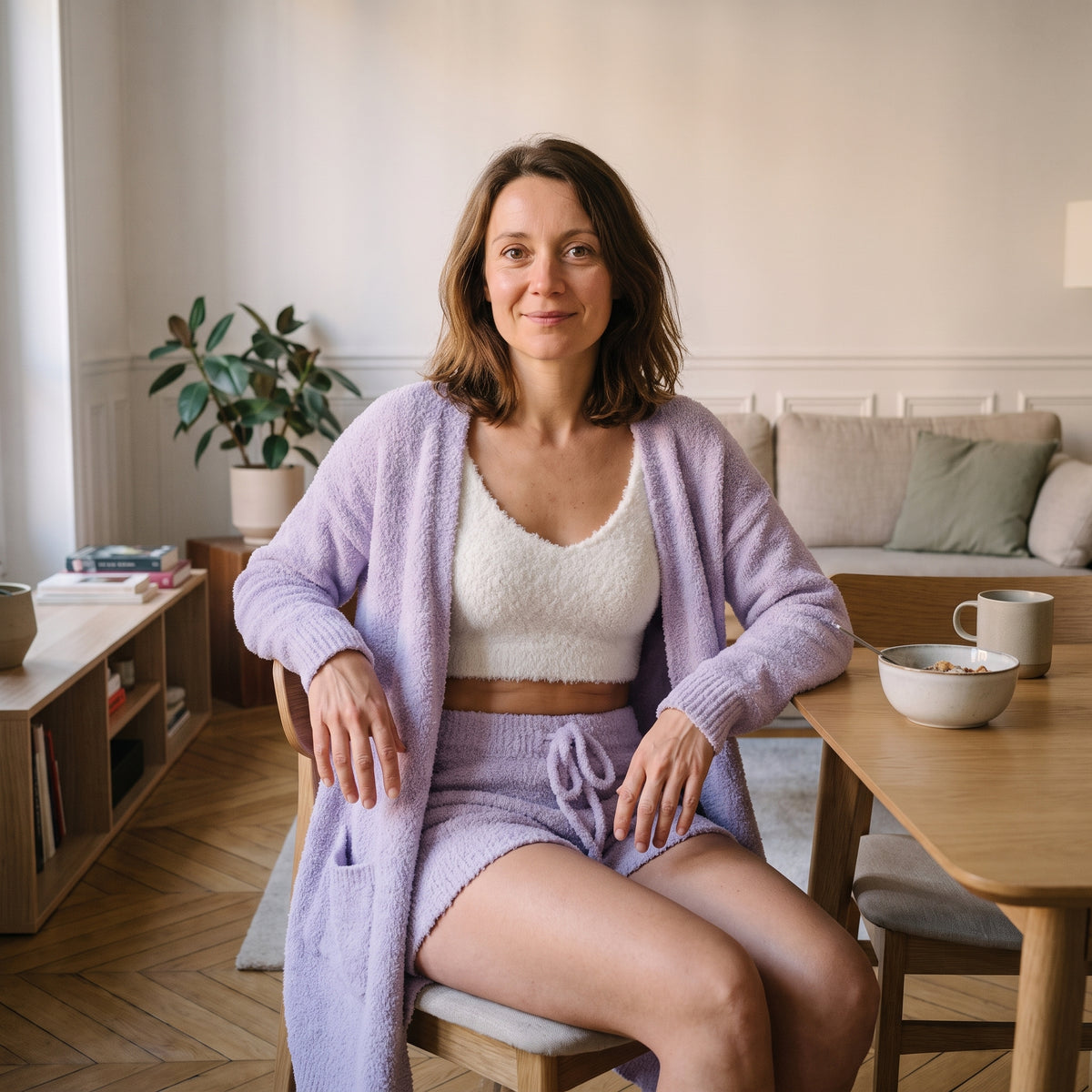 Ensemble pyjama trois pièces en maille peluche mauve, porté dans un intérieur