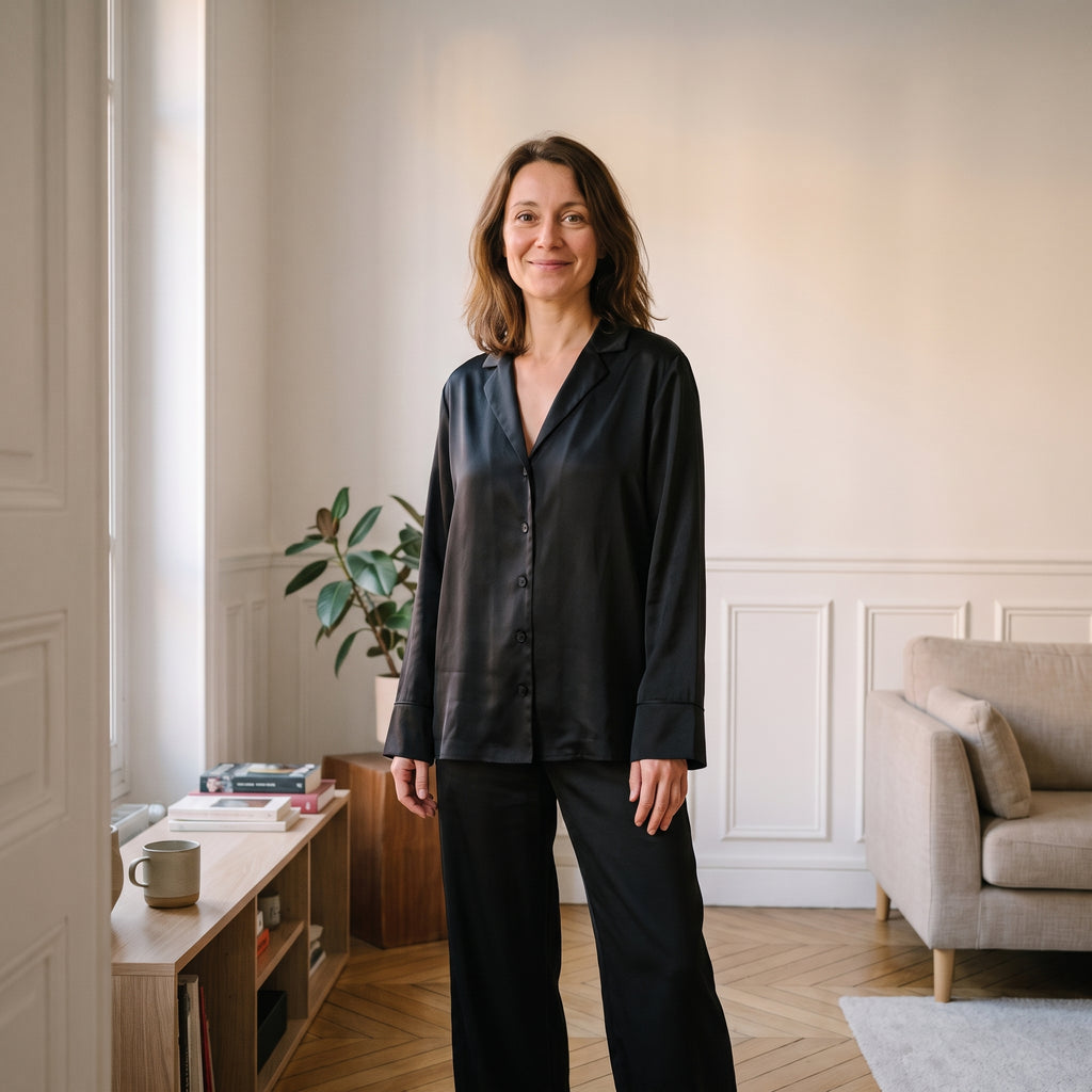 Pyjama femme en satin uni noir, chemise et pantalon large