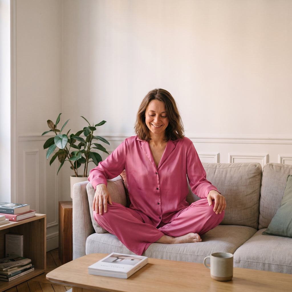 Pyjama femme en satin uni rose, chemise et pantalon large