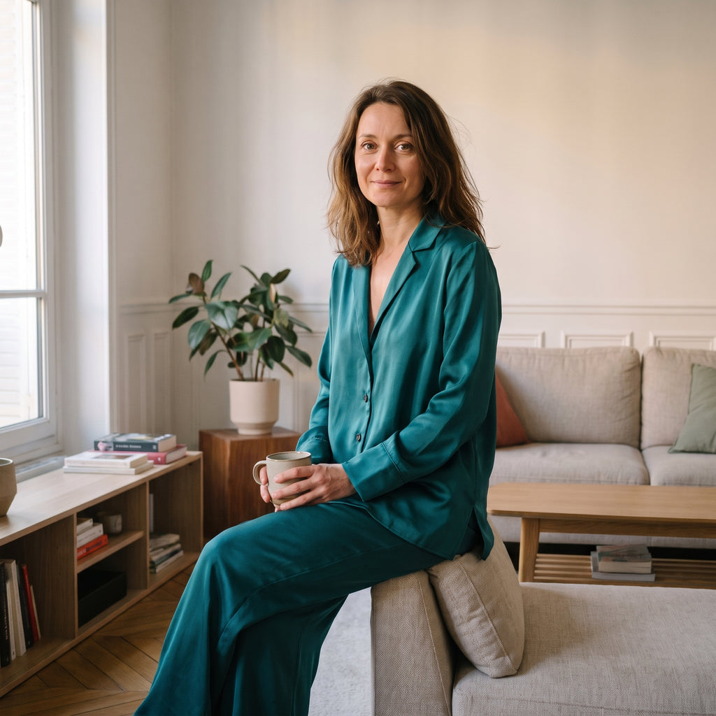 Pyjama femme en satin uni vert canard, chemise et pantalon large