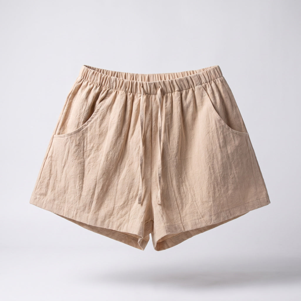 Short femme en coton et lin beige vu de face sans mannequin, ouvertures de poche visibles de chaque côté
