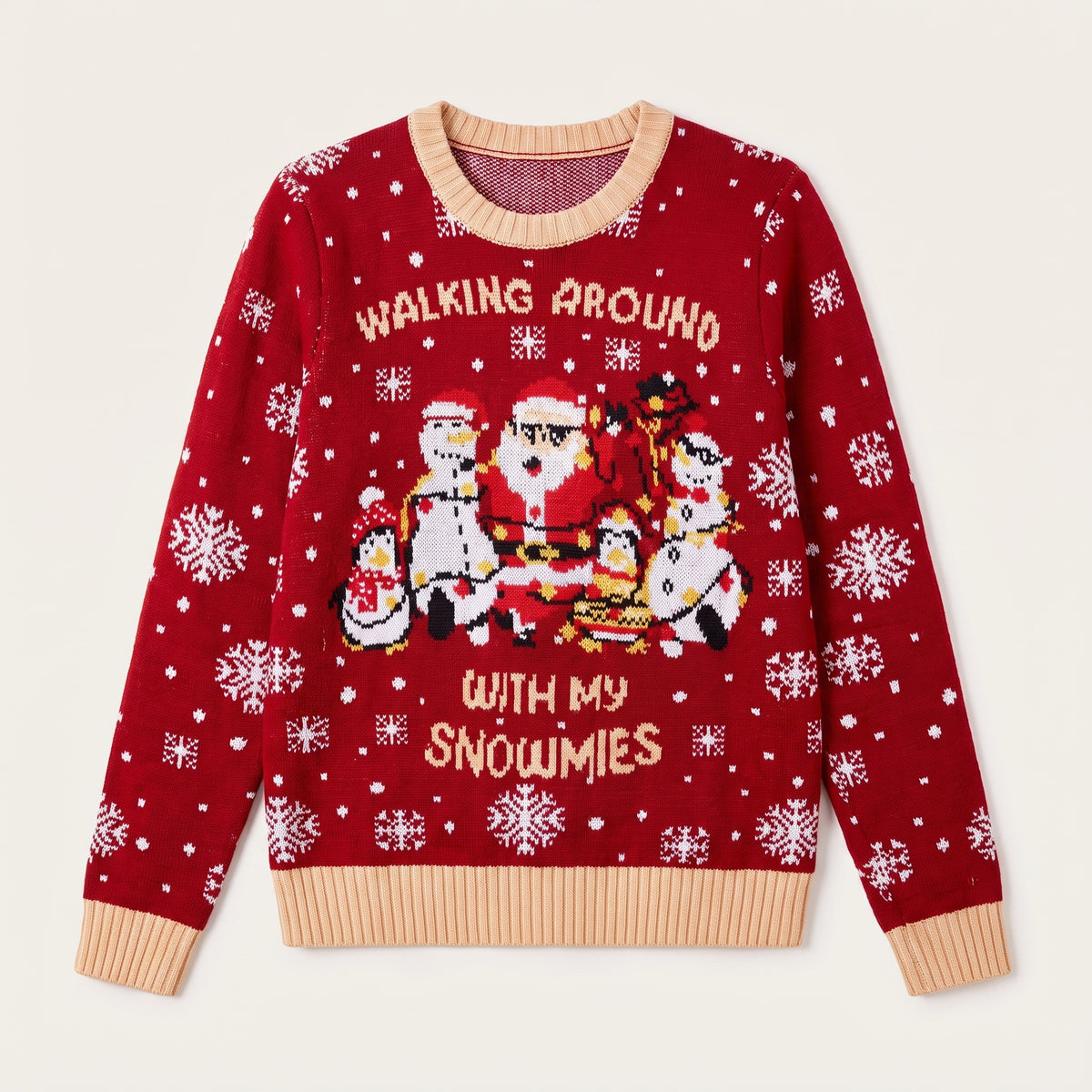 Pull de Noël femme rouge à bonshommes de neige présenté seul sur fond uni