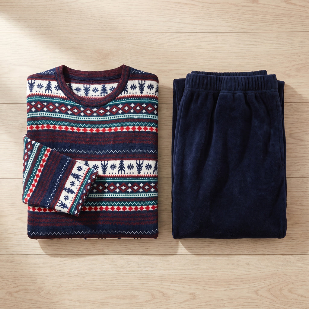 Haut de pyjama polaire à jacquard nordique et pantalon bleu marine pliés côte à côte sur un plan de bois clair