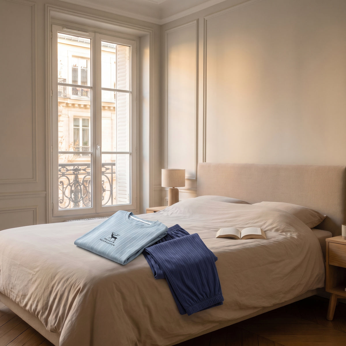 Pyjama homme bicolore bleu marine plié sur le lit