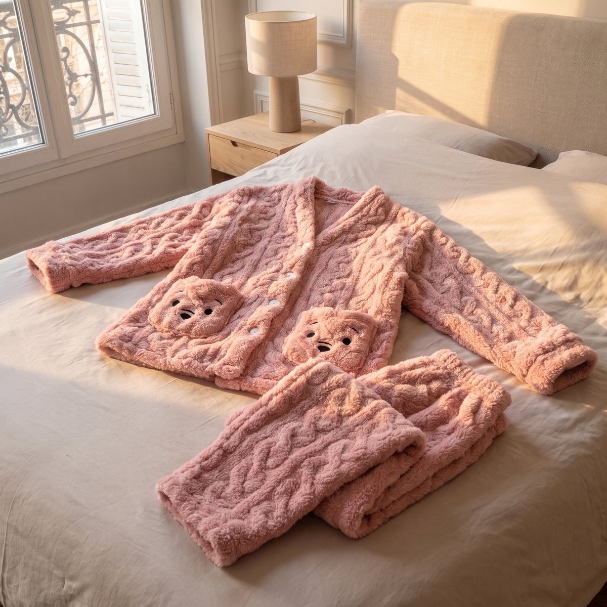 Haut et pantalon du pyjama en peluche ourson rose posés à plat sur un lit