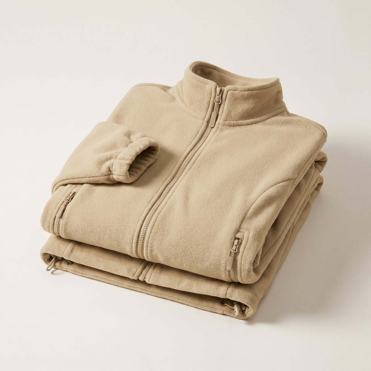 Veste polaire beige pliée, col montant et poches zippées visibles