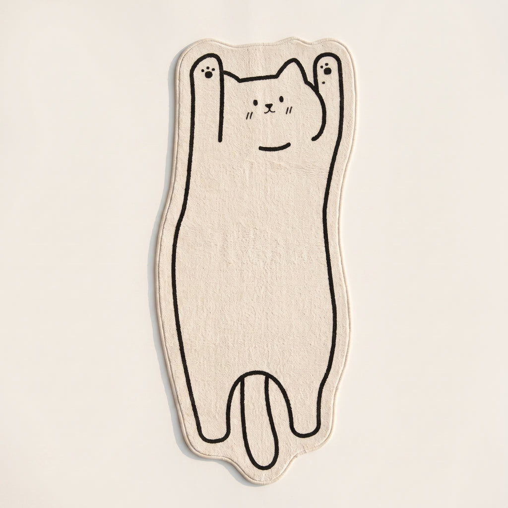 Packshot du tapis chat cartoon vu du dessus sur fond blanc cassé