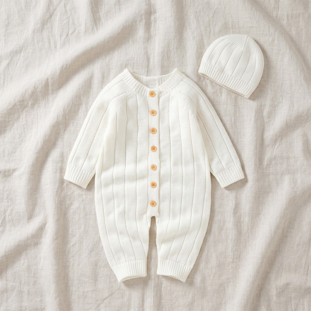 Barboteuse en tricot côtelé pour bébé avec bonnet assorti, à plat, coloris blanc