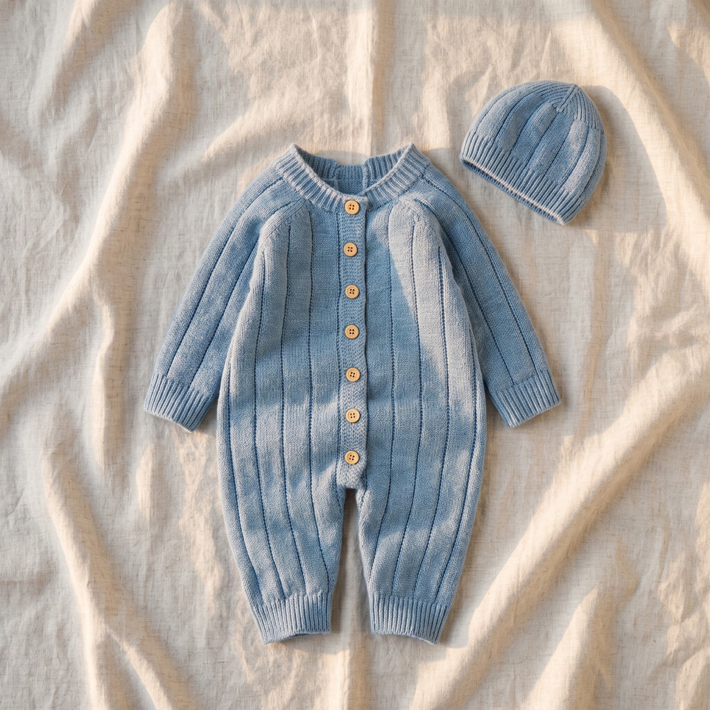 Barboteuse en tricot côtelé pour bébé avec bonnet assorti, à plat, coloris bleu gris