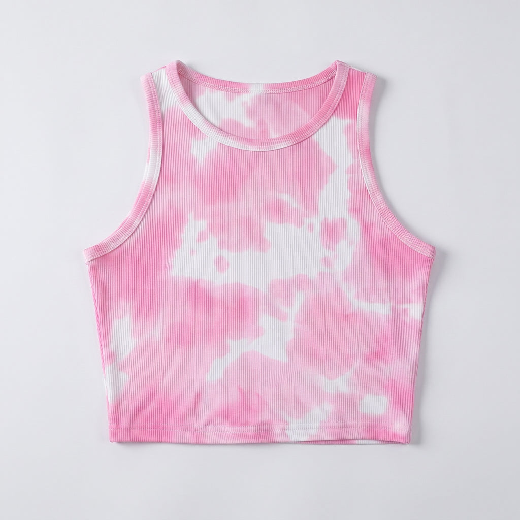 Débardeur tie and dye femme, coloris rose, posé à plat sur fond clair