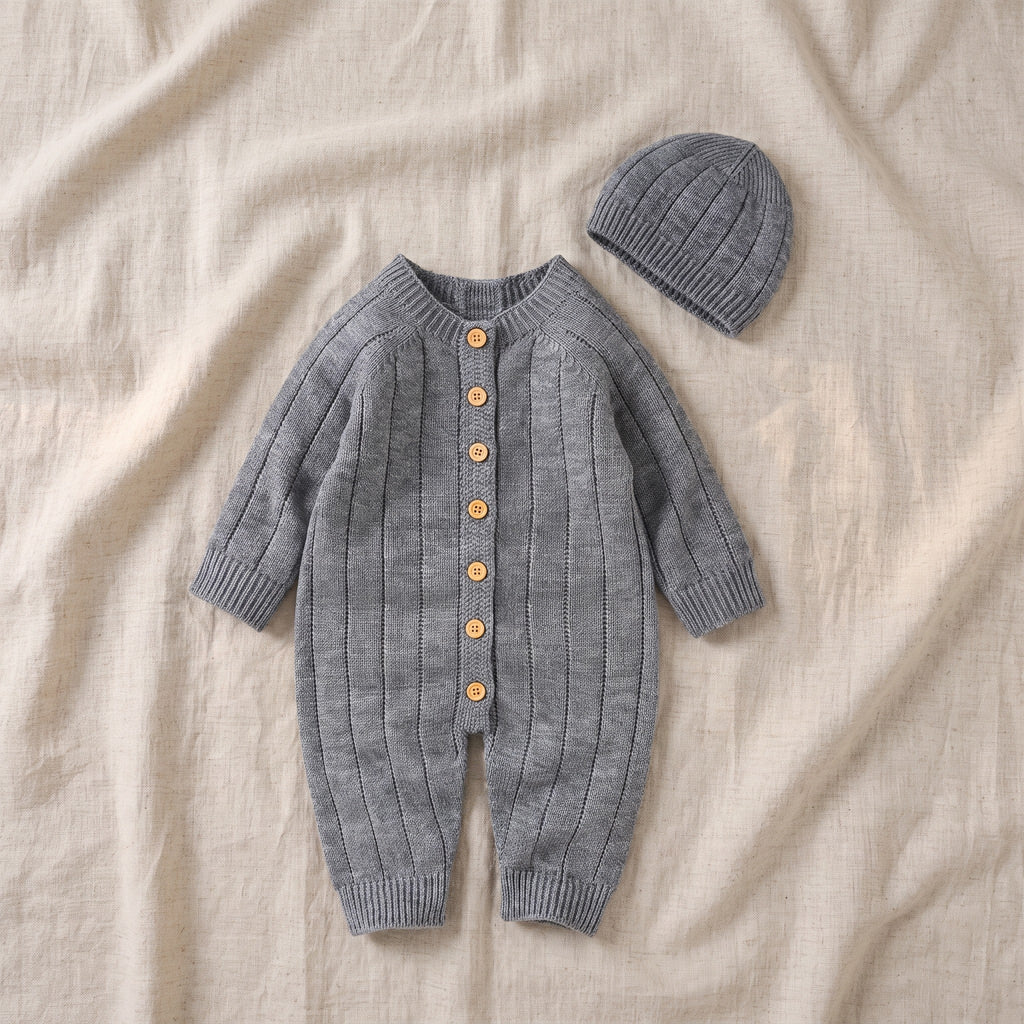 Barboteuse en tricot côtelé pour bébé avec bonnet assorti, à plat, coloris gris foncé