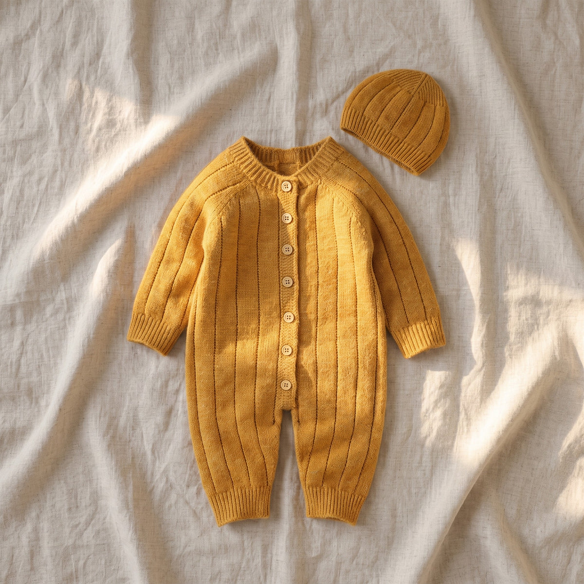 Barboteuse en tricot côtelé pour bébé avec bonnet assorti, à plat, coloris moutarde