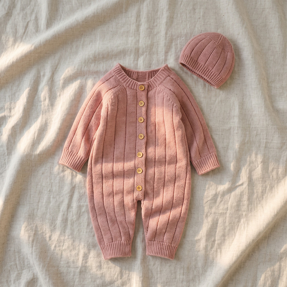 Barboteuse en tricot côtelé pour bébé avec bonnet assorti, à plat, coloris rose terracotta