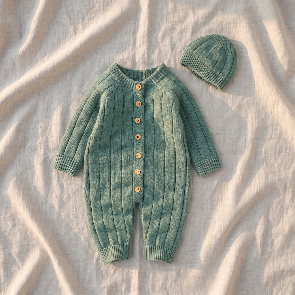 Barboteuse en tricot côtelé pour bébé avec bonnet assorti, à plat, coloris vert sauge