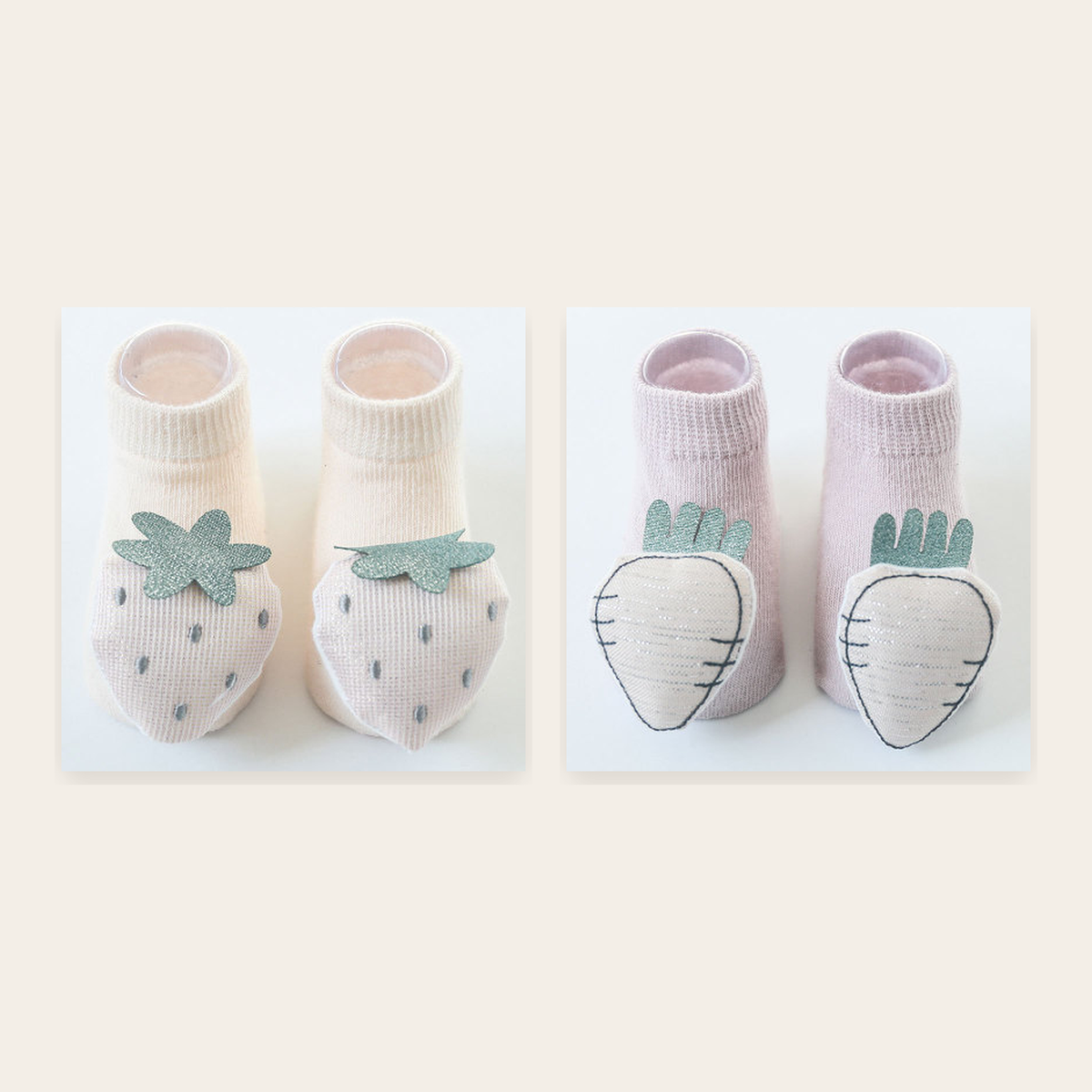 Chaussettes bébé à motifs fraise et radis sur fond neutre