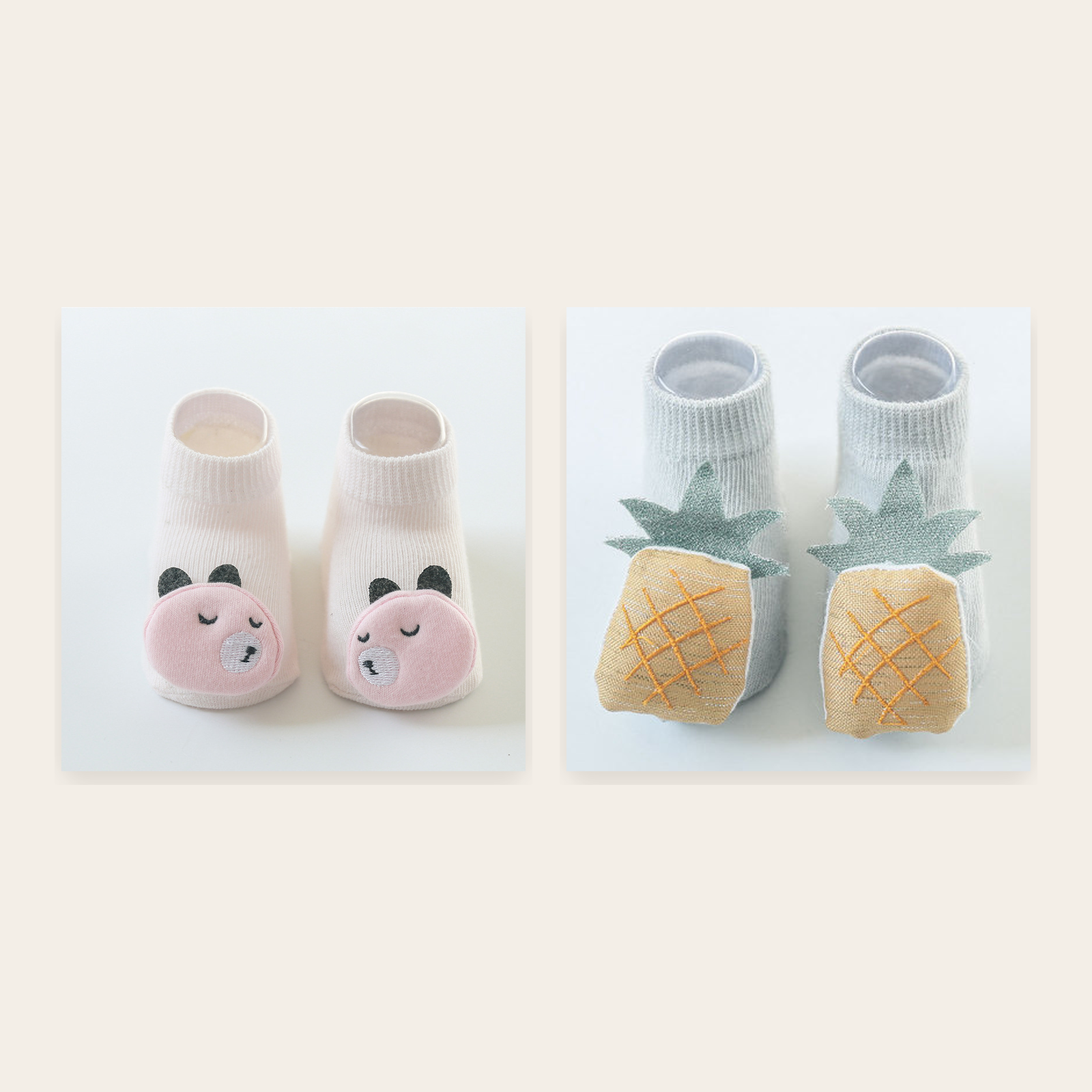Chaussettes bébé à motifs ours et ananas sur fond neutre Image