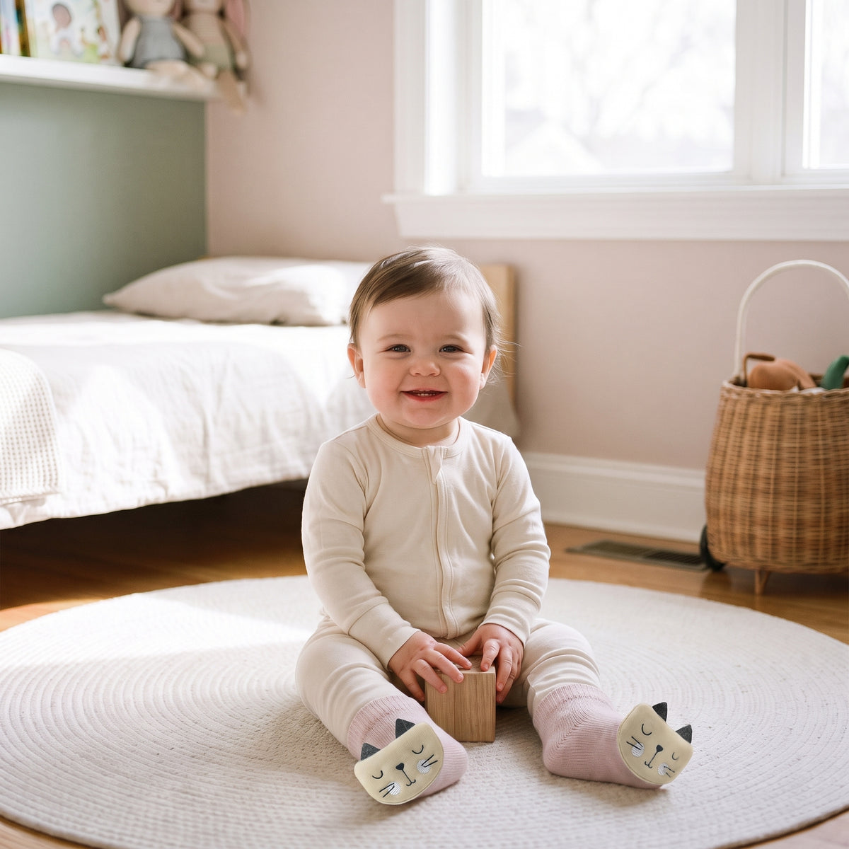 Bébé du casting portant les chaussettes à applique chat sur le tapis de sa chambre