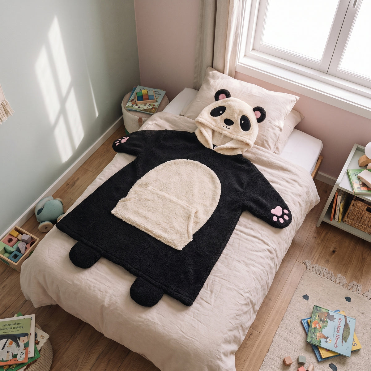 Plaid a capuche enfant panda noir, etale deplie sur le lit