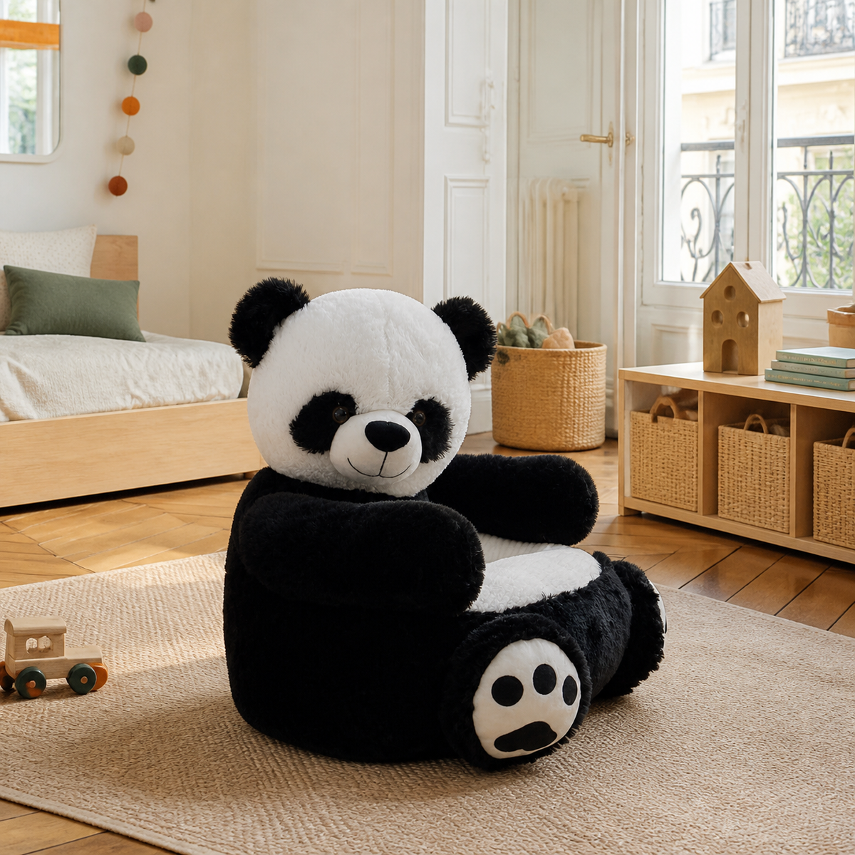 Fauteuil enfant panda noir et blanc dans une chambre
