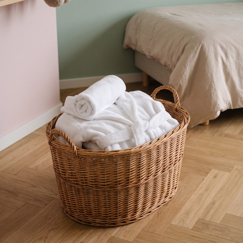 Peignoir de bain bébé blanc à capuche et sa serviette roulée, rangés dans un panier en osier