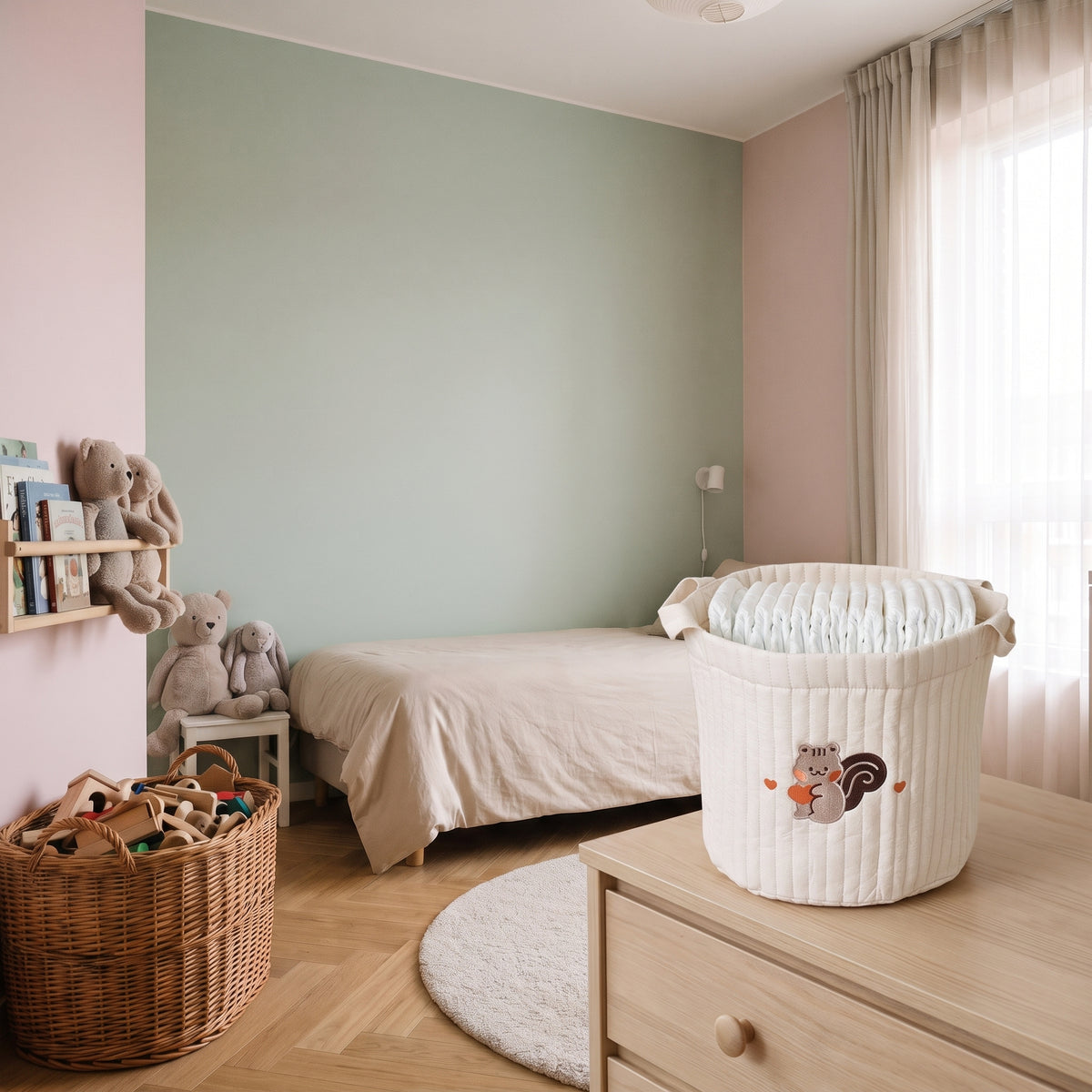 Panière en coton brodé avec les essentiels de change sur une commode Image
