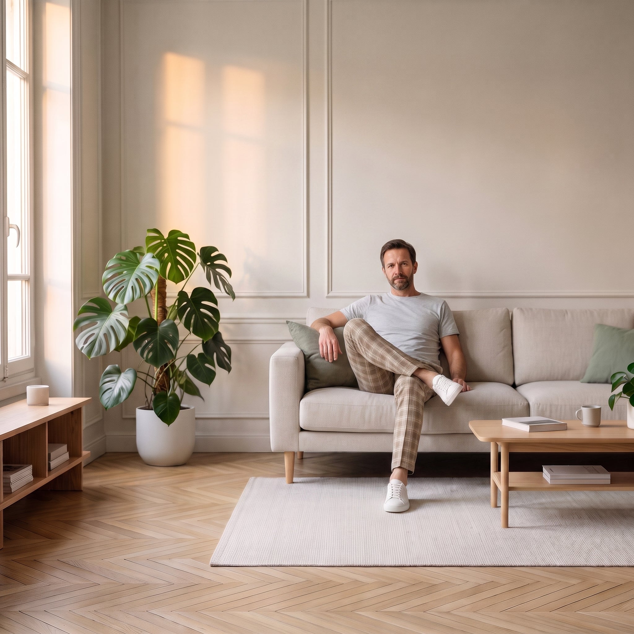 Pantalon à carreaux homme, coupe ajustée porté, assise Image