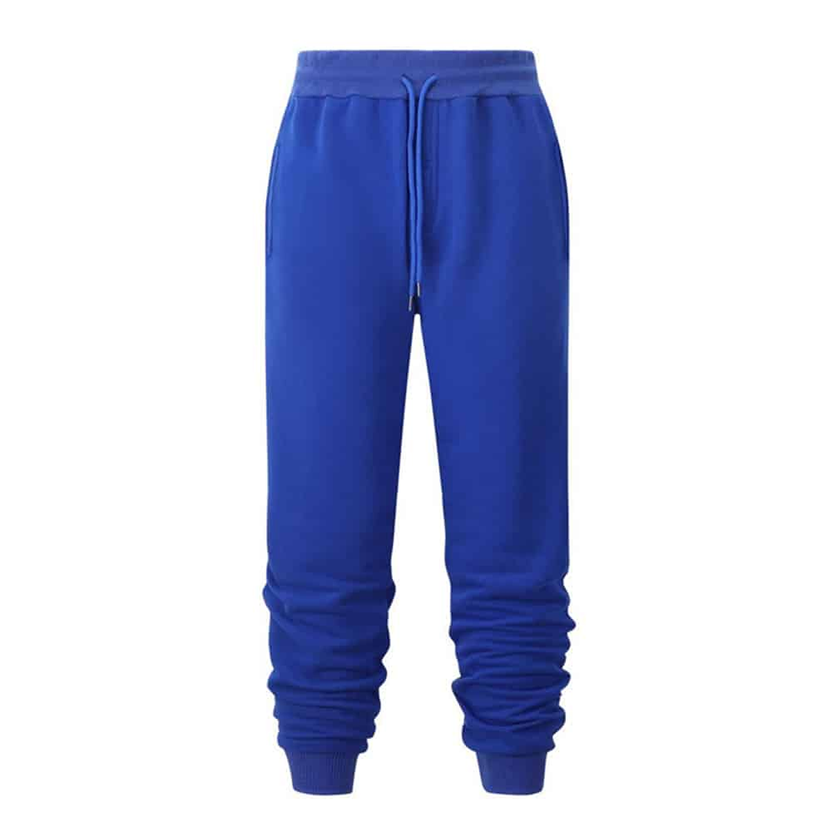 Packshot fournisseur du pantalon de jogging bleu avec tissu froncé aux mollets