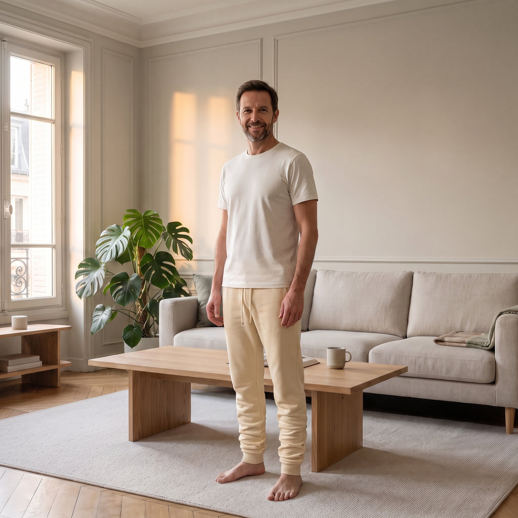 Homme portant le pantalon de jogging beige dans un salon lumineux
