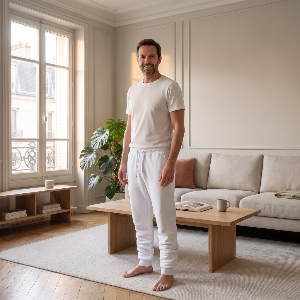 Homme portant le pantalon de jogging blanc dans un salon lumineux