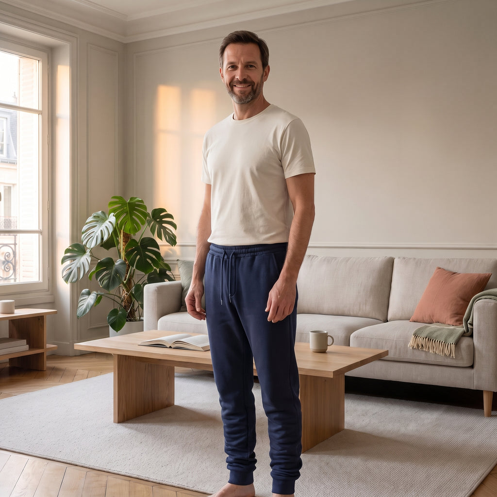 Homme portant le pantalon de jogging bleu marine dans un salon lumineux