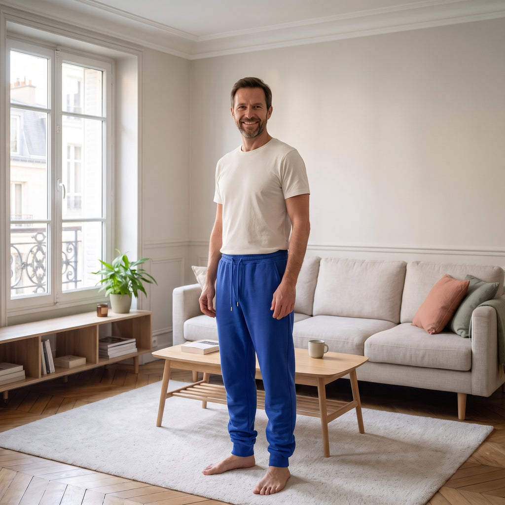 Homme portant le pantalon de jogging bleu dans un salon lumineux