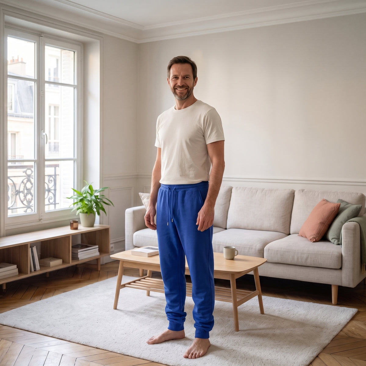 Homme portant le pantalon de jogging bleu dans un salon lumineux