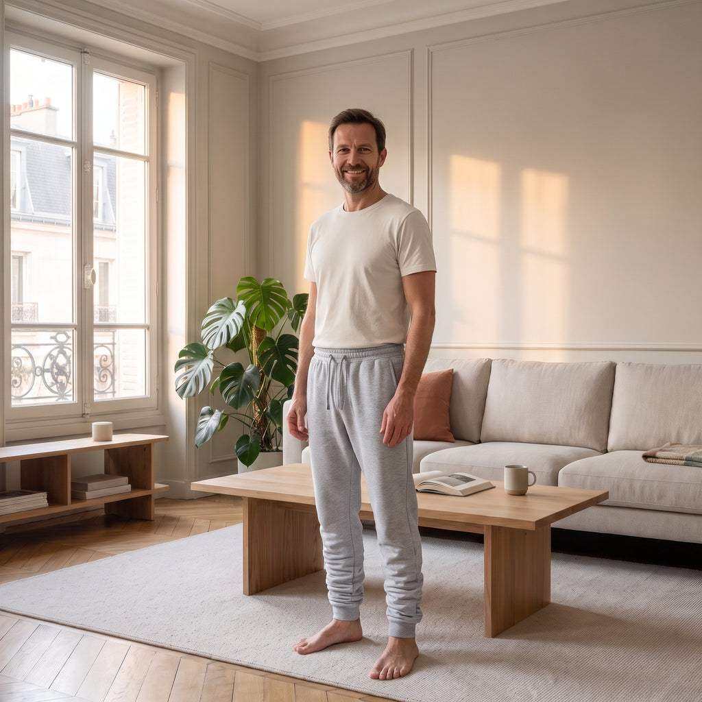 Homme portant le pantalon de jogging gris clair dans un salon lumineux
